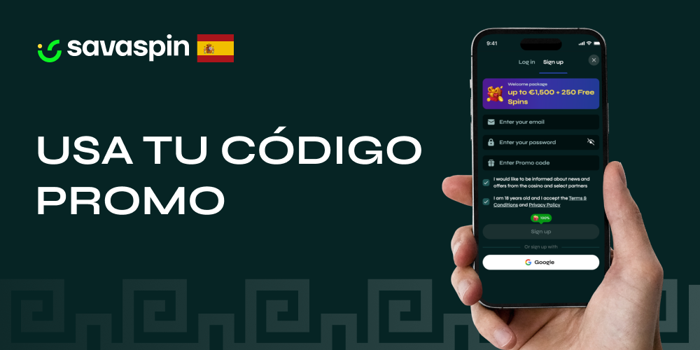 Pantalla con campo para ingresar código promocional en Savaspin